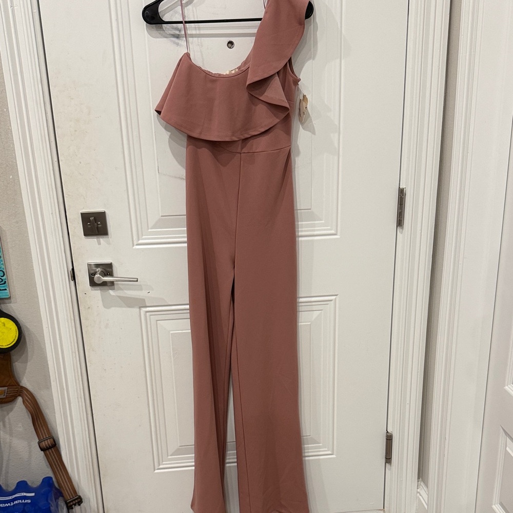 Altar'd State One-Shoulder Ruffled Jumpsuit in Mauve